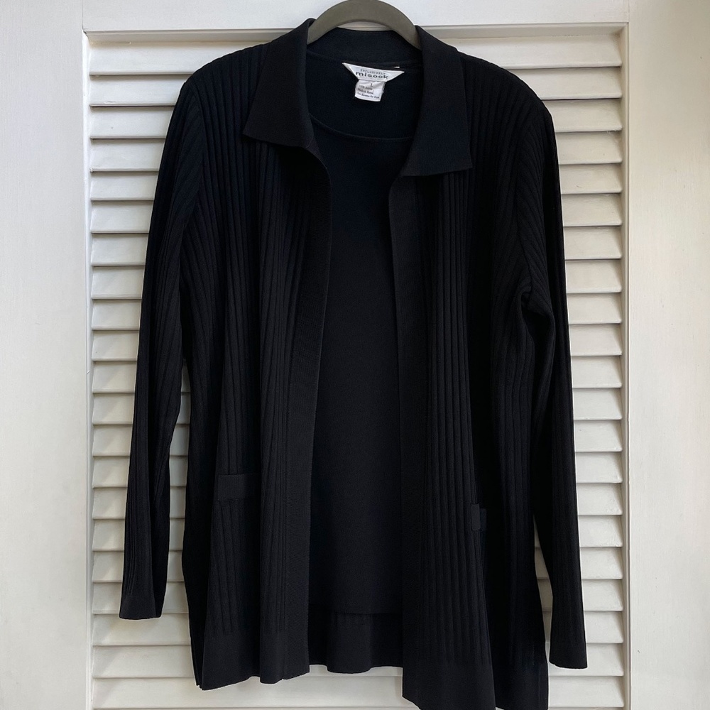 Exclusively Misook Long Ribbed Black Open Cardigan, Includes Matching Tank, Size